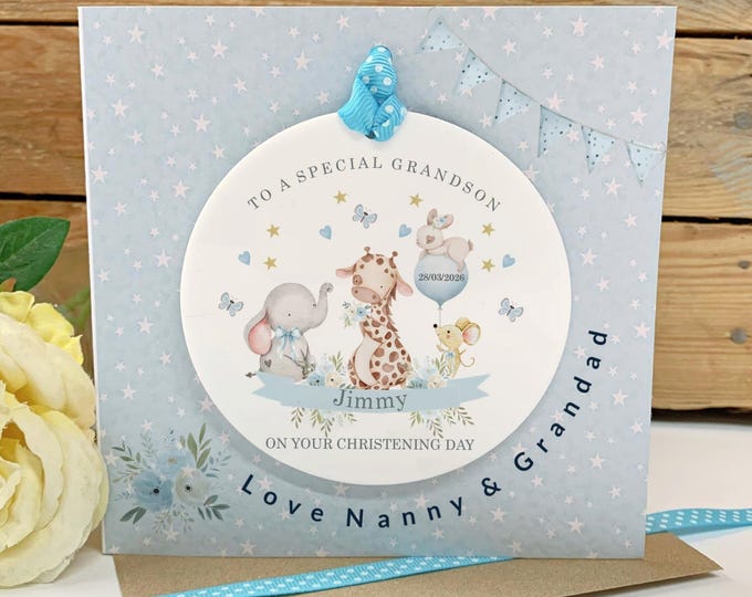 Personalised Christening Baptism Keepsake Card, Grandson, Godson, Nephew Detachable Gift,