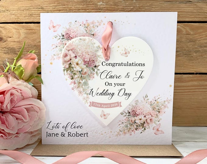 Personalised Wedding Card, Acrylic Keepsake Heart, Dusty Pink Floral Design