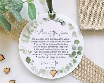 Personalised Mother of the Bride Acrylic Heart Keepsake, Sage Green Floral Wedding Gift