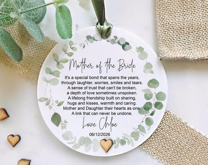 Personalised Mother of the Bride Acrylic Heart Keepsake, Sage Green Floral Wedding Gift