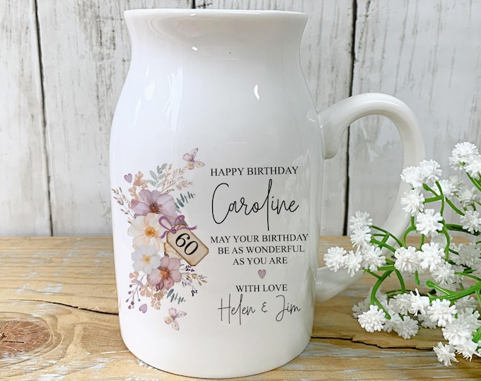 Personalised 60th Birthday Vase, Floral Ceramic Keepsake Gift for Her
