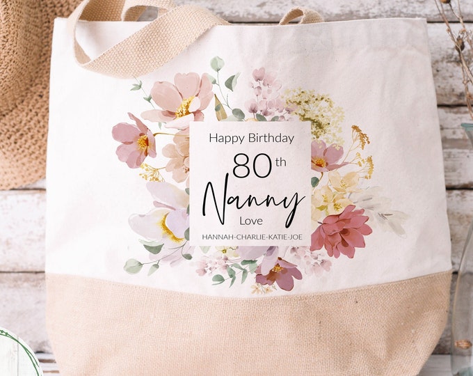 Personalised Tote bag, Canvas Tote bag, Nanny Birthday Bag, Any Age Gift, Gift for her, Eco jute, Nanny Gifts,