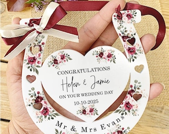 Personalised Wedding Horseshoe |  Burgundy Floral Design | Mr And Mrs Good Luck Charm | Wedding Photo Prop | Free Giftbag