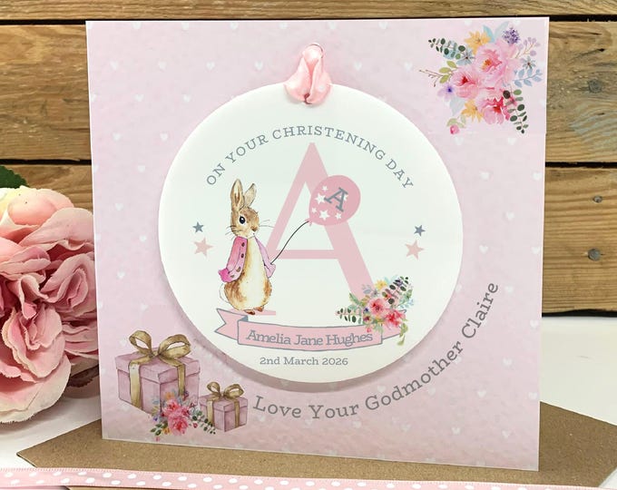 Personalised Christening Card, Baptism Card, Christening Gifts for Girls,  Granddaughter Christening Card, Peter Rabbit Inspired Card