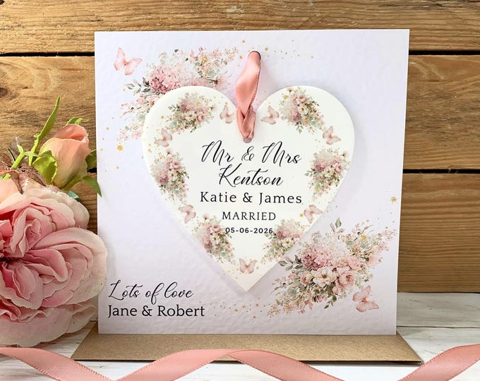 Personalised Wedding Card, Wedding Day Gift, Newlyweds Card, Wedding Keepsake Card, Mr And Mrs Gift, Pink Hanging Heart, Acrylic Keepsake,