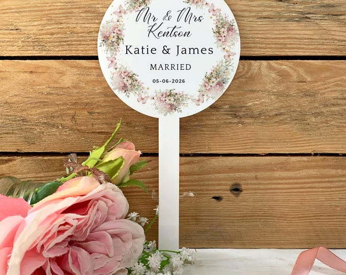 Personalised Wedding Cake Topper Dusty Pink,  Newlywed Gift, Cake Paddle For Mr & Mrs