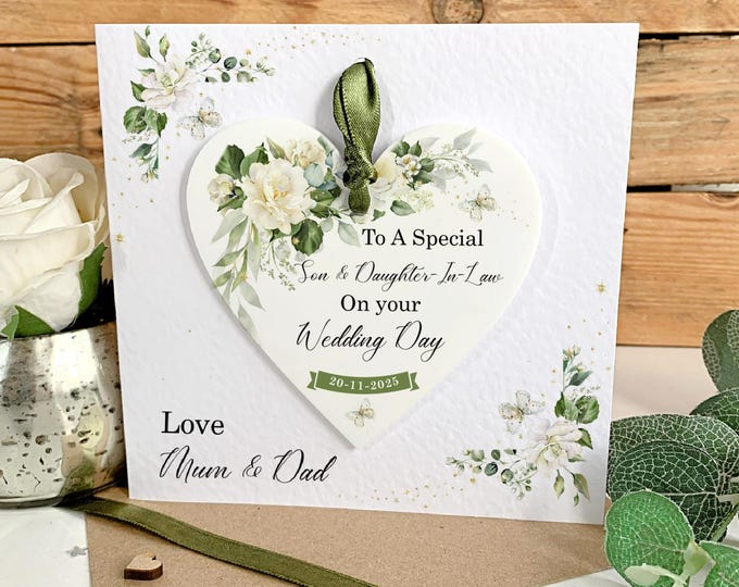 Son And Daughter In Law Wedding Card, Personalised Wedding Card, Newlyweds Card, Wedding Keepsake Card, Mr And Mrs Gift, Hanging Heart