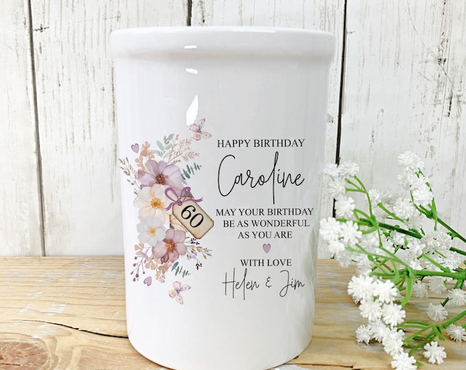 Personalised Floral Birthday Vase: Custom Small Jug Gift for Her & Any Age Keepsake