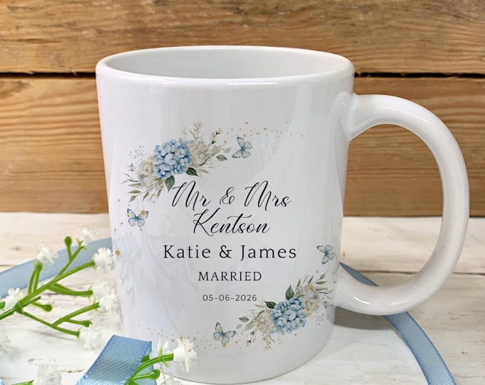 Personalised Wedding Gift, Wedding Day Mug, Newlyweds Gift, Wedding Keepsake, Mr And Mrs Gift, Dusty Blue Wedding Gift, Ceramic Mug