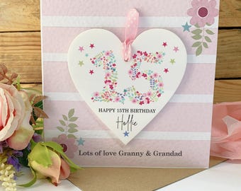 15th Birthday Card for Granddaughter, Acrylic Heart Keepsake Card from Grandma, Teen Girl Birthday Gift, Any age