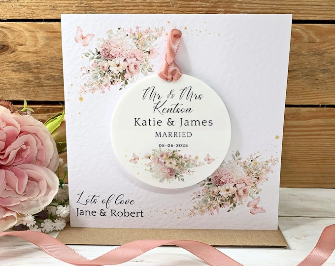 Personalised Wedding Card, Wedding Day Gift, Newlyweds Card, Wedding Keepsake Card, Mr And Mrs Gift, Pink Detachable Acrylic Keepsake,