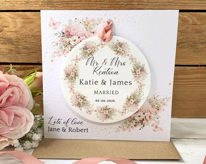 Personalised Wedding Card, Wedding Day Gift, Newlyweds Card, Wedding Keepsake Card, Mr And Mrs Gift, Pink Detachable Acrylic Keepsake,