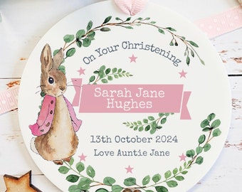 Personalised Flopsy Rabbit Christening Gift For A Girl, Acrylic Hanging Keepsake