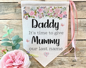 Personalised Wedding Sign, Mr & Mrs Gift, Wedding Prop, Wedding Decoration, Pinks and Blues Design Wedding Flag, Page Boy/Flower Girl Sign