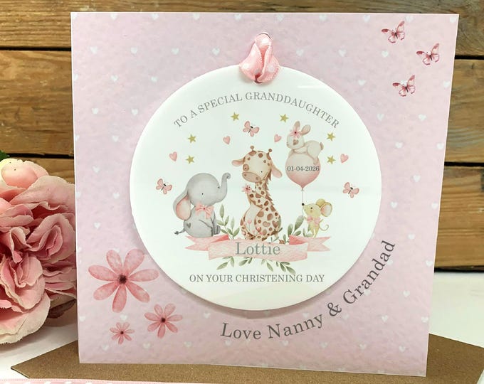 Personalised Granddaughter Christening Card, Baby Animals Keepsake, Hanging Acrylic Disc, Girl Baptism Gift