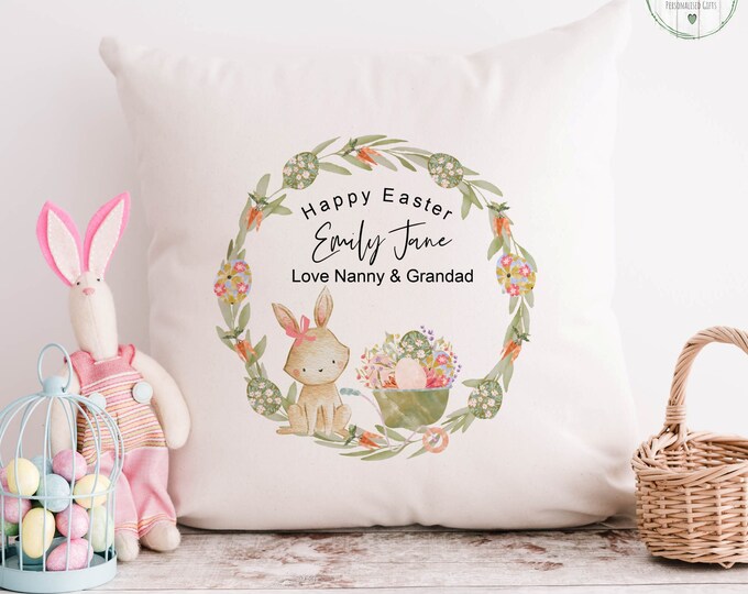 Personalised Easter Cushion: Floral Rabbit Grandchild Gift