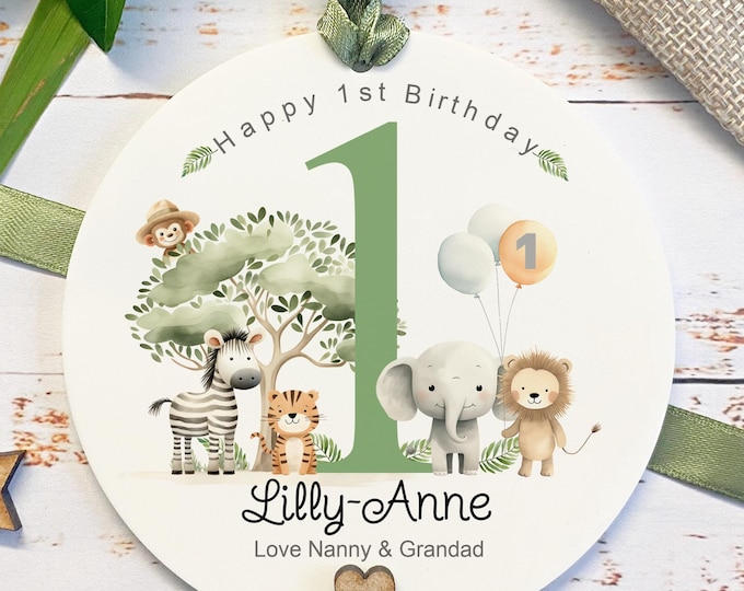 Personalised Safari 1st Birthday Gift, Safari Animals Birthday Gift, First Birthday Number Gift, Grandson Granddaughter Daughter Son Gift