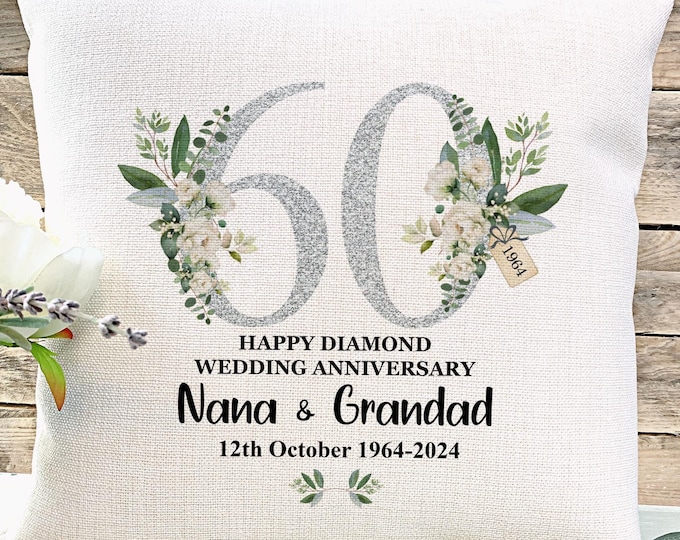 Personalised 60th Diamond Wedding Anniversary Gift, 60th Anniversary Cushion, Gift for Parents, 60 years married, Diamond Anniversary, ,