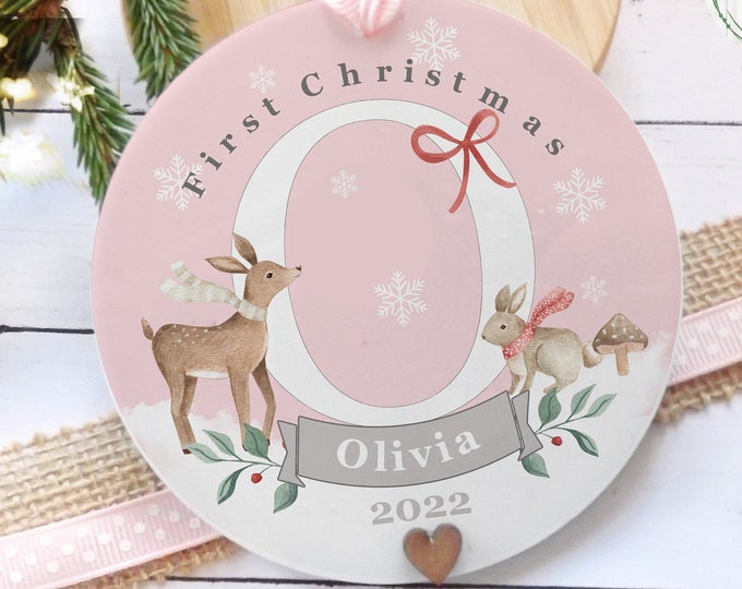 Personalised First Christmas Bauble: Woodland Animal Ornament