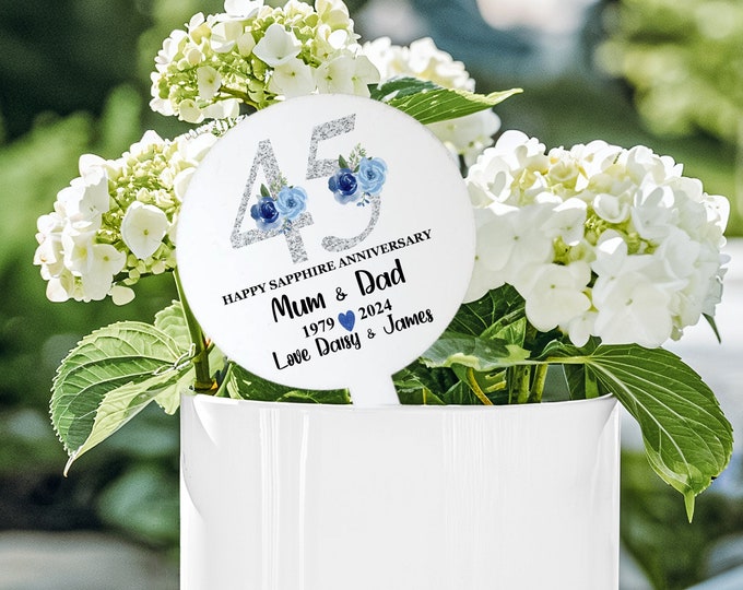 Sapphire Wedding Anniversary Gift - Personalised 45th Anniversary Plant Stake- - Personalised Anniversary Keepsake -  Flower Pick -