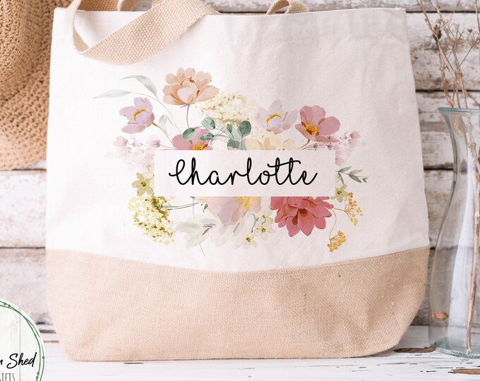 Personalised Tote bag, Canvas bag, Friend Gift, Gift for her, Flowers design. Personalised Jute Bag, Hessian Bag, Any name