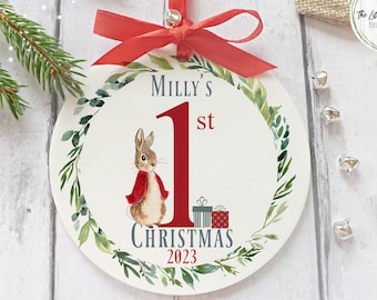 Personalised Baby's First Christmas Ornament, Peter Rabbit Inspired Wreath Design