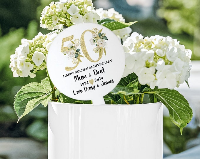 Golden Wedding Anniversary Gift - Personalised 50th Anniversary Plant Stake- - Personalised Anniversary Keepsake -  Flower Pick -