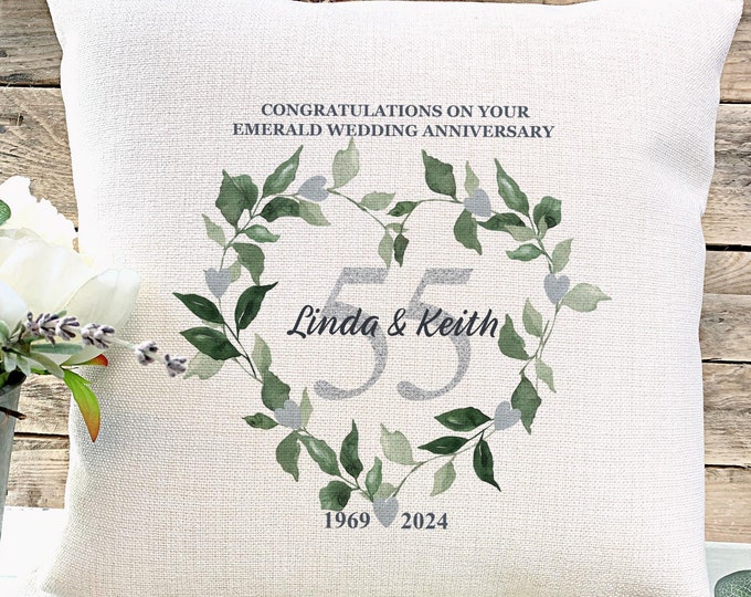 Emerald Wedding Anniversary Gift, 55th Anniversary gift, Wedding Gift, Gift for Couples, Anniversary Cushion, Floral Wreath Anniversary Gift