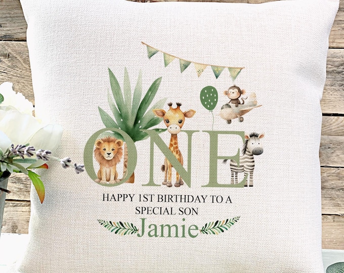 Personalised 1st Birthday Cushion Gift, Baby Gift, First Birthday, Nursery Cushion, Boy, Girl Gift, Son, Daughter Gift, Safari Themed Gift