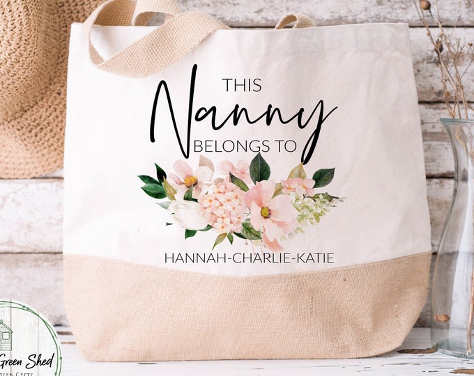 Personalised Nanny Bag, Grandchildren Gift, Tote Bag, Pink Blush Flowers, Jute Tote bag