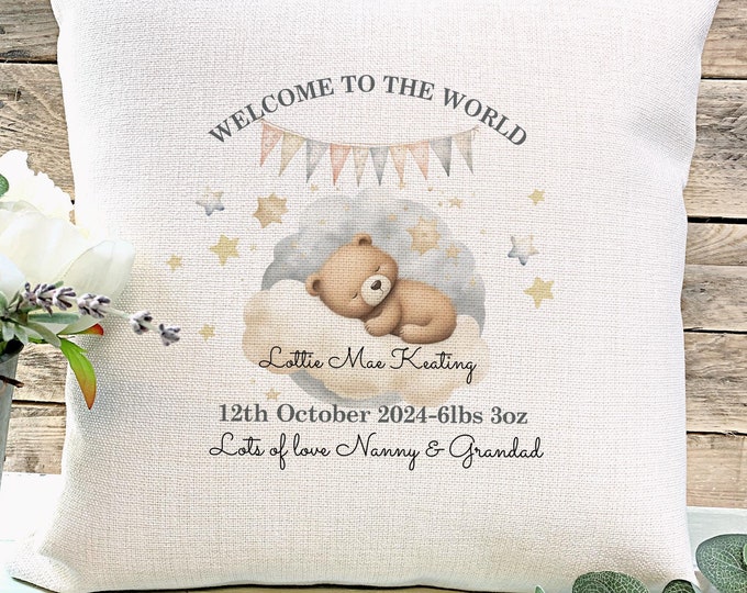 Personalised Welcome To The World Baby Gift, Personalised Newborn Gift, Nursery Gift, Nursery Cushion, New Parents Gift, New Baby Keepsake