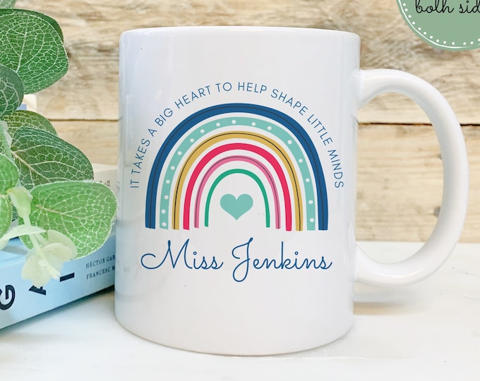 Personalised Teacher Mug, Custom Name Mug, Teacher Gift, Rainbow Design Coffee Cup, School End of Term Gift