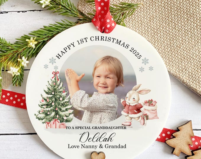Granddaughter First Christmas Photo Bauble, 1st Christmas Decoration, Grandchild Christmas Gift, Acrylic Keepsake, Daughter Niece Ornament