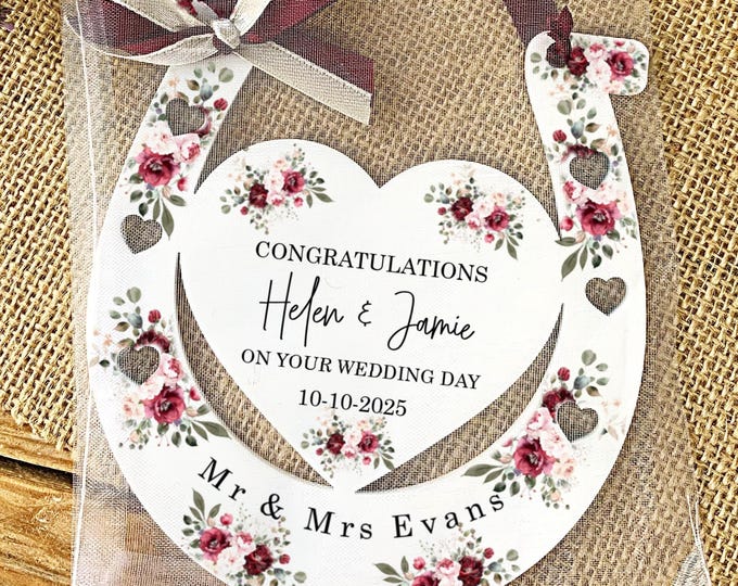 Personalised Wedding Horseshoe, Good Luck Charm, Mr And Mrs Gift, Burgundy Floral Design, Wedding Gift, Wedding Photo Prop, Free Giftbag