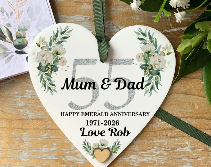 55th Emerald Anniversary Heart Keepsake, Floral Acrylic Plaque for Couple