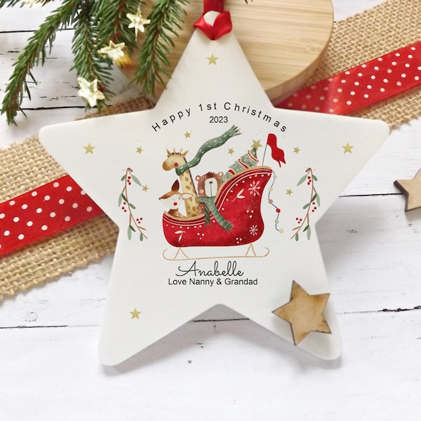 Personalised Baby 1st Christmas Bauble, Woodland Animals Keepsake Decoration