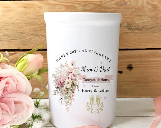 Diamond Wedding Anniversary Ceramic Vase, Grandparents 60th Anniversary, Dusty pink  Anniversary Gift, 60 Years married, Diamond Anniversary
