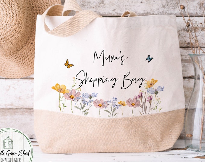 Tote Bag, Personalised Mum Bag, Mum's Shopping Bag Gift, Jute Tote Bag, Gift for Her, Wild Flowers bag