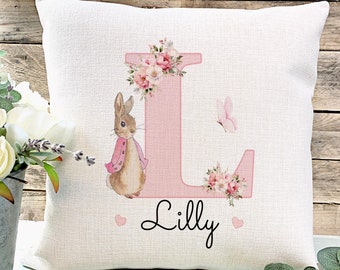 Personalised Peter Rabbit Cushion, Girls Bedroom Decor, Pink Floral Initial Gift, Granddaughter Daughter Gift, Birthday Gift For Girl,