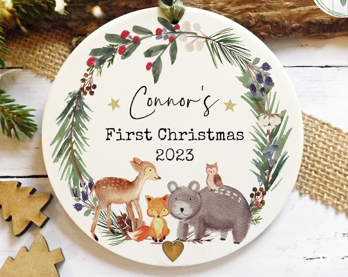 First Christmas keepsake, 1st Christmas Ornament, Woodland Animals, Hanging Decoration Gift, Acrylic Keepsake WITH  GIFTBAG