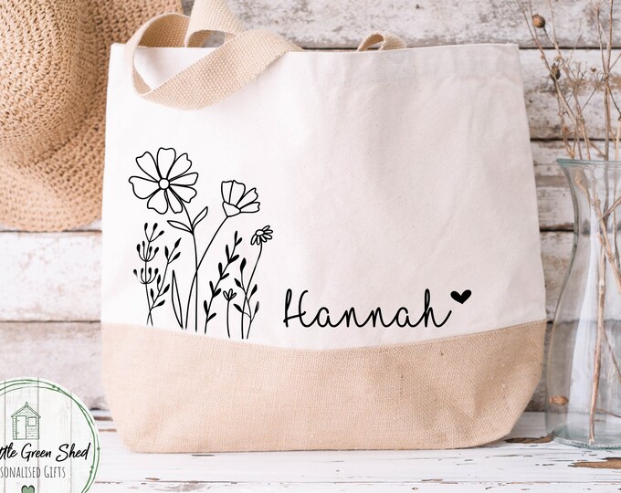 Personalised Tote bag, Canvas bag, Bridesmaid Bag, Friend Gift, Friend gift, Gift for her, Personalised Birthday Bag, Wild flowers