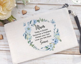Personalised Makeup Bag: Mum of The Groom Gift, Blue Floral Linen Pouch