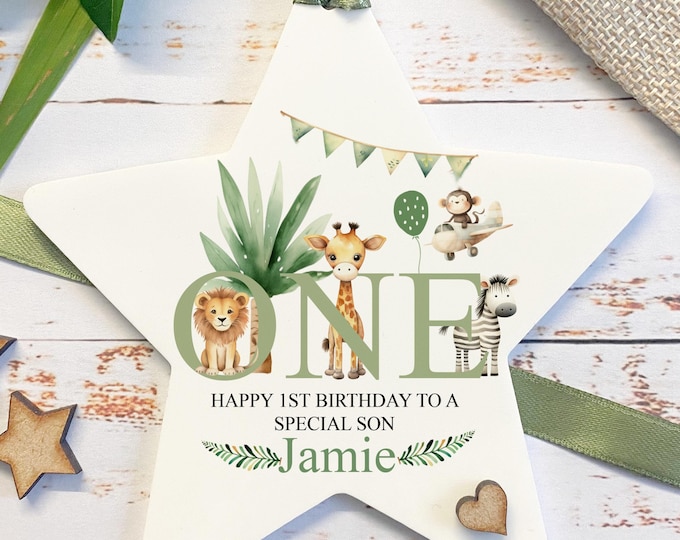 Personalised Safari 1st Birthday Gift, Safari Animals Birthday Gift, First Birthday Number Gift, Grandson Granddaughter Daughter Son Gift
