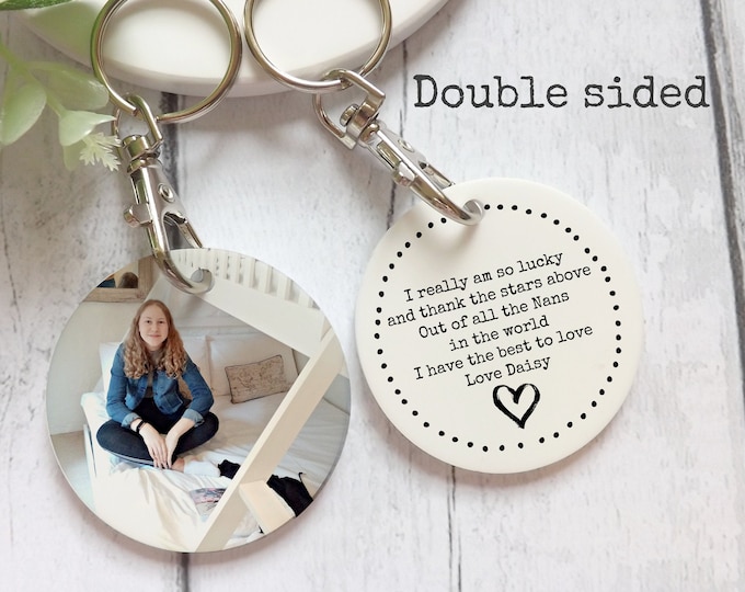 Personalised Nanny Keepsake, Photo Keyring, Grandma, Mum, Sister, Keepsake, Double Sided, Mother Of The Bride Gift, Free Hessian Giftbag