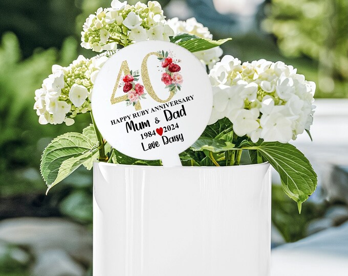 Ruby Wedding Anniversary Gift - Personalised 40th Anniversary Plant Stake- - Personalised Anniversary Keepsake -  Flower Pick -
