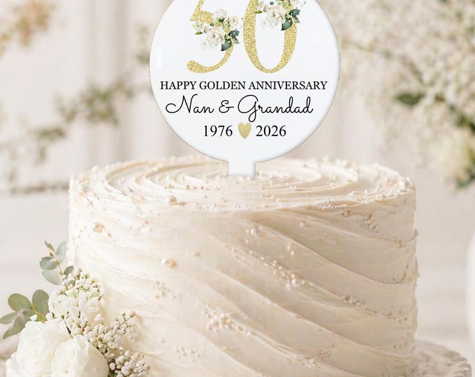 Personalised Golden Anniversary Cake Topper, White Acrylic Wedding Decoration
