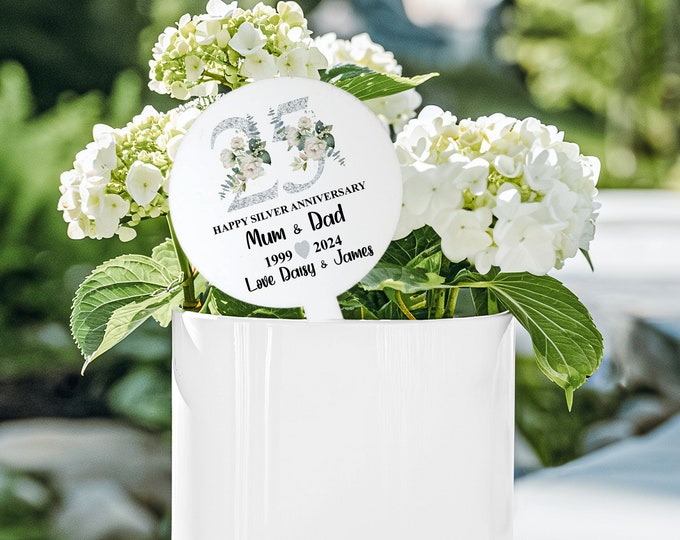Silver Wedding Anniversary Gift - Personalised 25th Anniversary Plant Stake- - Personalised Anniversary Keepsake -  Flower Pick -