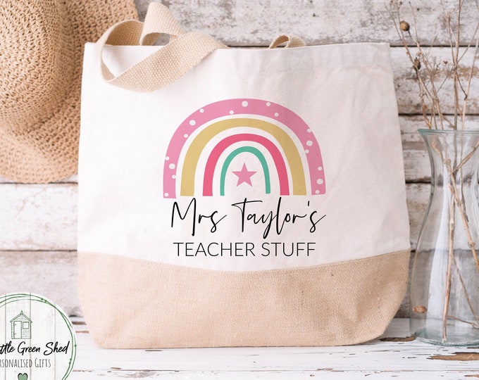 Personalised Jute Teacher Bag, Custom Name bag, Rainbow Gift, End of Term Leaving Gift, Teacher Appreciation, Thank You Present