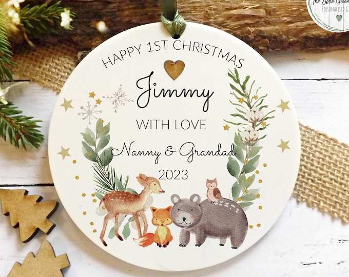1st Christmas keepsake, First Christmas Ornament, Woodland Animals, Hanging Decoration Gift, Acrylic Keepsake WITH  GIFTBAG