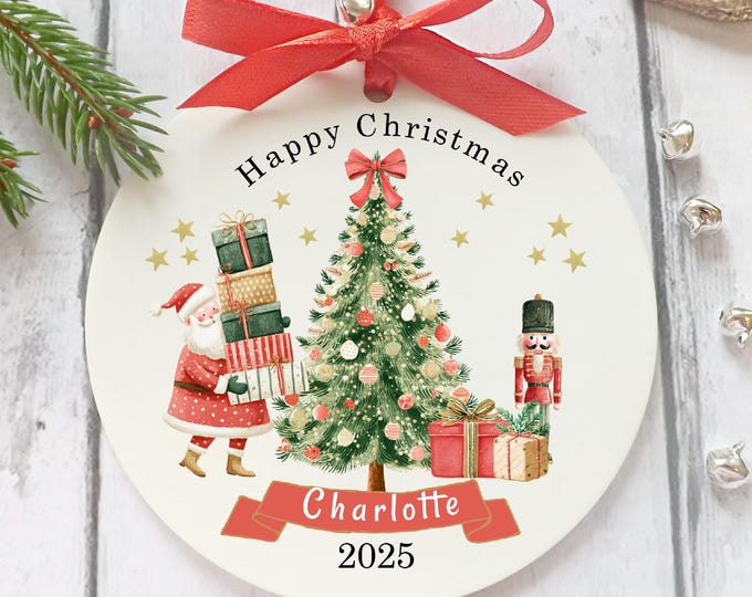 Personalised Child’s Christmas Ornament – Santa with Gifts, Tree & Nutcracker Acrylic Bauble